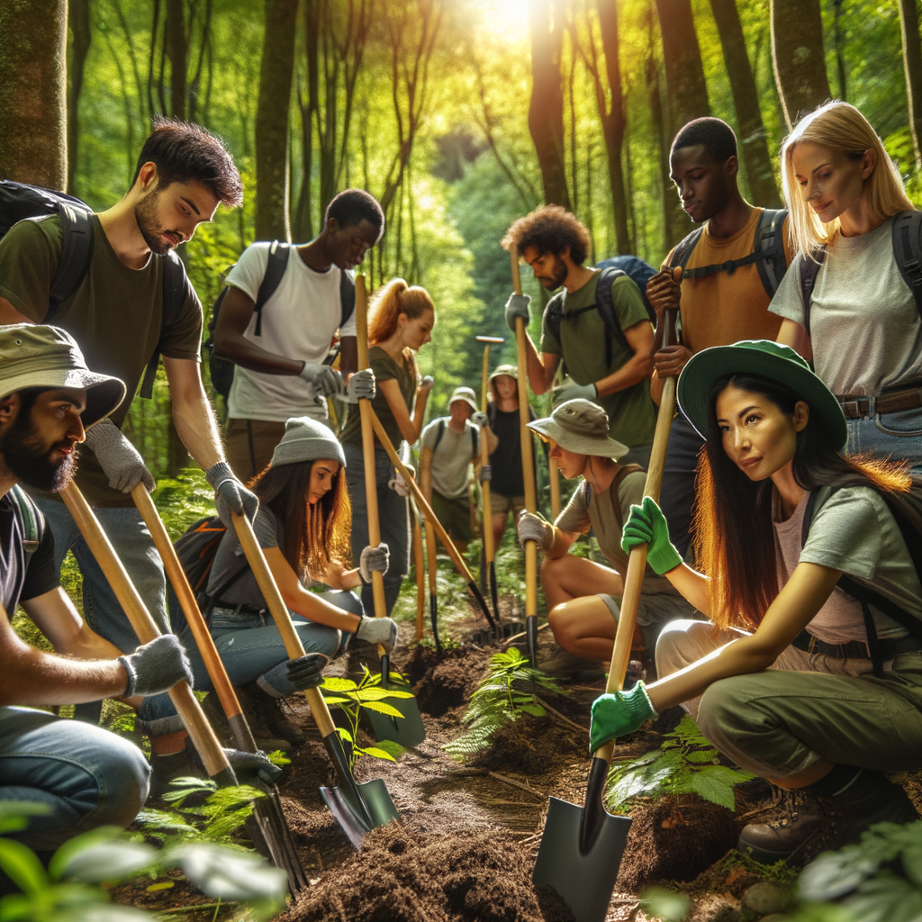 Passionate volunteers performing trail maintenance and hiking trail repair in a lush forest, embodying outdoor volunteering and trail conservation for the love of hiking